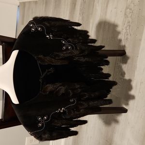 Reversible Black Shawl with Real Brown Fur. Black Velvet/ Suede with Silver.